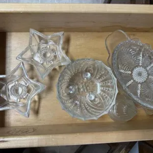 Assorted glassware, star candleholders, pickle