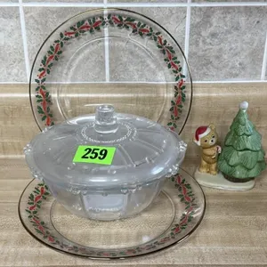 Holiday plates, covered candy dish, Christmas