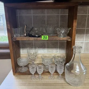 Primitive wood shelf, glassware, carafe, shot