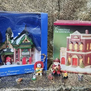 Christmas Village Decorations With Illuminated Fire Stations Themed Ornaments and Slow Globe