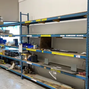 BLUE METAL SHELF RACKING 8- 8' UPRIGHTS, 20- 8' SIDE RAILS WITH WOODEN SHELVING
