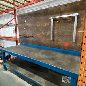 BLUE METAL WORKBENCH WITH WOOD BACK BOARD APPROX 96"L X 32"D X 85"H