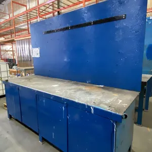 BLUE METAL WORKBENCH WITH WOOD BACK BOARD APPROX 96"L X 30"D X 81"H