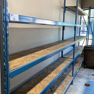 BLUE METAL SHELF RACKING 4- 8' UPRIGHTS, 18- 8' SIDE RAILS WITH WOODEN SHELVING