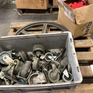 PALLET OF PLASTIC FLANGE ADAPTERS/SPROCKETS, CASTORS & LARGE PULLEY WHEEL