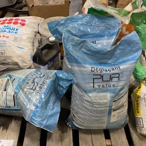 PALLET OF ICE MELT, CONCRETE MIX, GRANULATED SALT, CEDAR MULCH & CONCRETE ADHESIVE