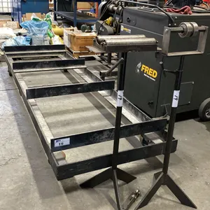 STEEL MATERIAL PLATFORM CART APPROX 10'L X 3'X D & 2 MATERIAL ROLLER STANDS