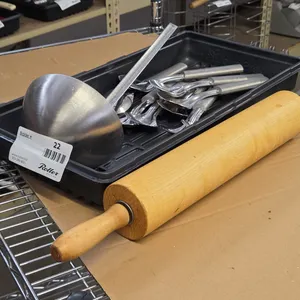 Tray of Kitchen Utensils, Rolling Pin, Ladle, Ice Cream Scoops, Tongs