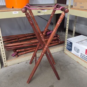 Wood Folding Tray Stands With Burgundy Straps