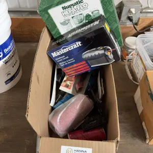 Box of Assorted Hand Tools, Hardware & Shop Supplies