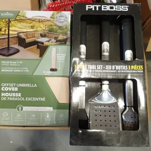 Lot of (2) Pit Boss 3-pc BBQ Tool Sets and (2) Elemental Offset 11' Umbrella Covers.