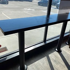 6ft long Bar Height Table, solid wood top, double pedestal metal bottom, bolts to floor. 41” tall, 17.5” wide