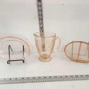 Hazel Atlas Florentine Pink Depression Pitcher & Bowl, Jennette Glass 2-part relish dish "Poinsettia"