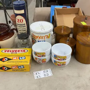 Vintage Kitchen Lot with Canister Set, Bean Pot, Teapot, Cereal Bowls, and More