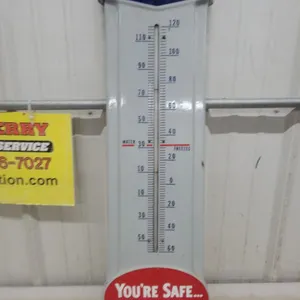 Prestone Anti-Freeze Porcelain Advertising Thermometer, "You're Safe and You Know It" Vintage 9 x