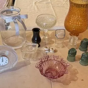 Insulators, 2 Beer Steins, Clock, Candy Dishes,
