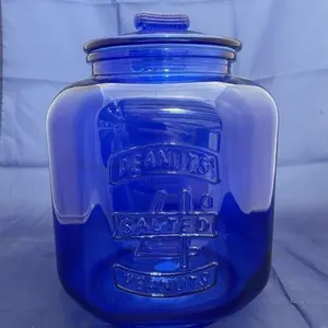 Blue Glass Salted Peanuts Cookie Jar w/Lid