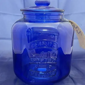 Blue Glass Salted Peanuts Cookie Jar w/Lid