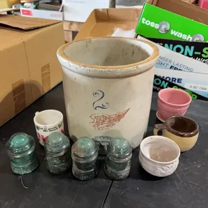 2 Gallon Red Wing Crock w/ Glass Insulators & Mugs