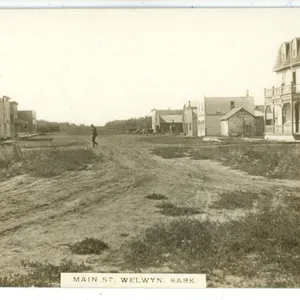 1914 RPPC – “Main St. Welwyn, Sask”.  Posted