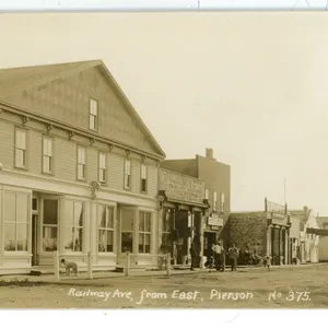 Vintage RPPC – “Railway Ave, from East, Pierson.  No. 375”.  Pierson, MB.