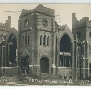 RPPC – Aftermath of the 1912 Regina, SK Cyclone.  “PRES. Church, Regina”.