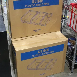 3 BOXES OF ULINE PLASTIC SHELF BINS