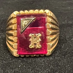 APPROX 10K MENS SIGNET RING SET WITH RED STONE & DIAMOND (9.4G)