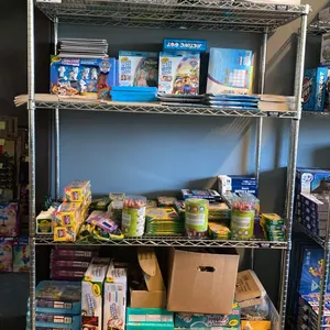 ULINE 4 TIER SHELVING UNIT WITH ASSORTED STATIONERY ITEMS, CRAYOLA SETS, COLOURING BOOKS & MORE