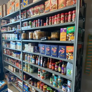 CONTENTS OF 2 SHELVING UNITS- COOKING OILS, CANNED GOODS, CONDIMENTS, PASTA, SPICES & MORE