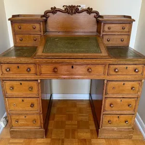 VICTORIAN OAK DICKENS DESK LEATHER WRITING TOP