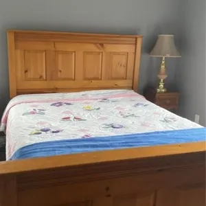 Pine bed frame with mattress and box spring