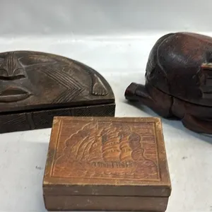 Antique Wood Carved Trinket Box Lot Elephant ship