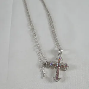White Metal Necklace w/Cross Pendant w/Pink Stones
