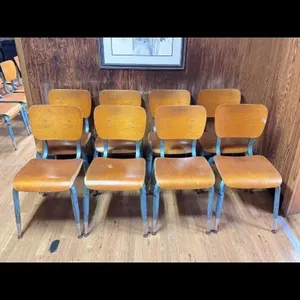 Set of 8 Vintage School Chairs with Wood Seats
