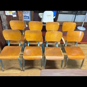 Set of 8 Vintage School Chairs with Wood Seats