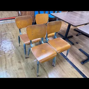 Set of 4 Vintage School Chairs with Wood Seats