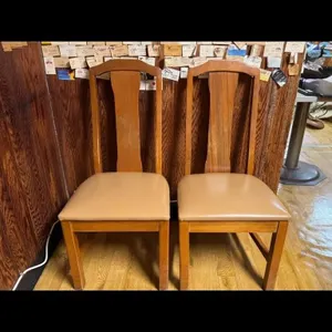 Pair of Wood Dining Chairs with Tan Upholstery