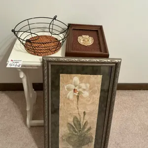 Framed Art, Wire Basket, Plaque, and Side Table