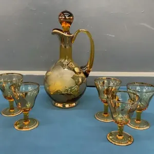 VINTAGE BOHEMIA CRYSTAL DECANTER & (6) SMALL GLASSES