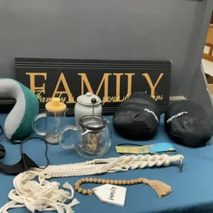 “FAMILY” SIGN & BOX W/ NECK SUPPORTS, TEA POT, COFFEE PRESS, MACRAME PLANT HOLDER