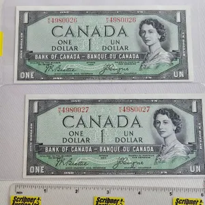 Canada $1 Bills 1954DF "Devil's Face" (2 Consecutive) : Beattie/Coyne #MA4980026-0027
