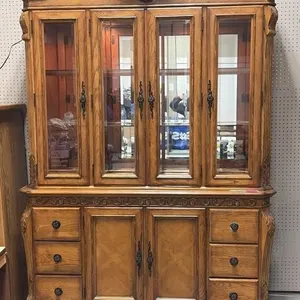 Vintage Oak China Cabinet Hutch - Lights up -