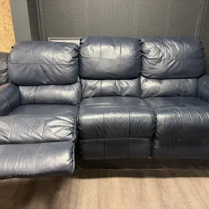 Blue Leather Reclining Couch - Matches Lot #