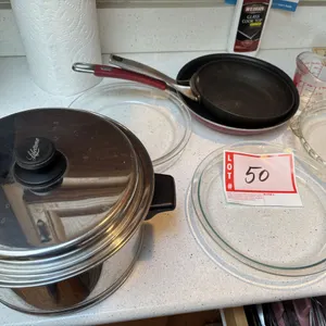 Glass pie plates, metal pan, silverware, and miscellaneous