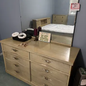 Dresser with mirror and chest of drawers, 55 x 19 x 63”, and radios