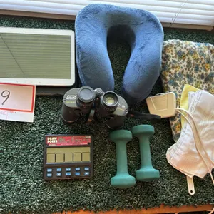 Samsung pad, condition unknown, 7 x 35 binoculars, heating pads, hand weights, etc.
