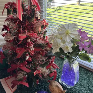 Flower arrangement, Christmas, and knickknacks