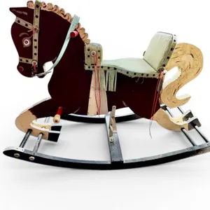 Antique Wooden Rocking Horse with Painted Details and Upholstered Seat