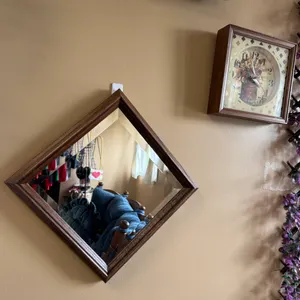 Diamond-Shaped Wall Mirror and Framed Floral Clock Set